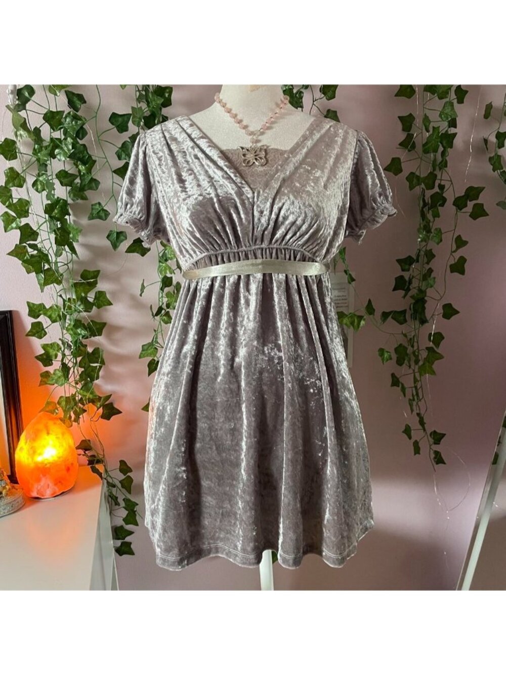 Silver/grey velvet babydoll top with lace and ribbon details